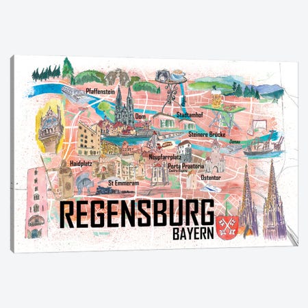 Regensburg Illustrated Favorite Map With Roads And Touristic Highlights Canvas Print #MMB924} by Markus & Martina Bleichner Art Print