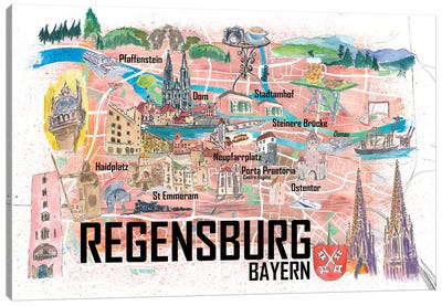 Regensburg Illustrated Favorite Map With Roads And Touristic Highlights Canvas Art Print