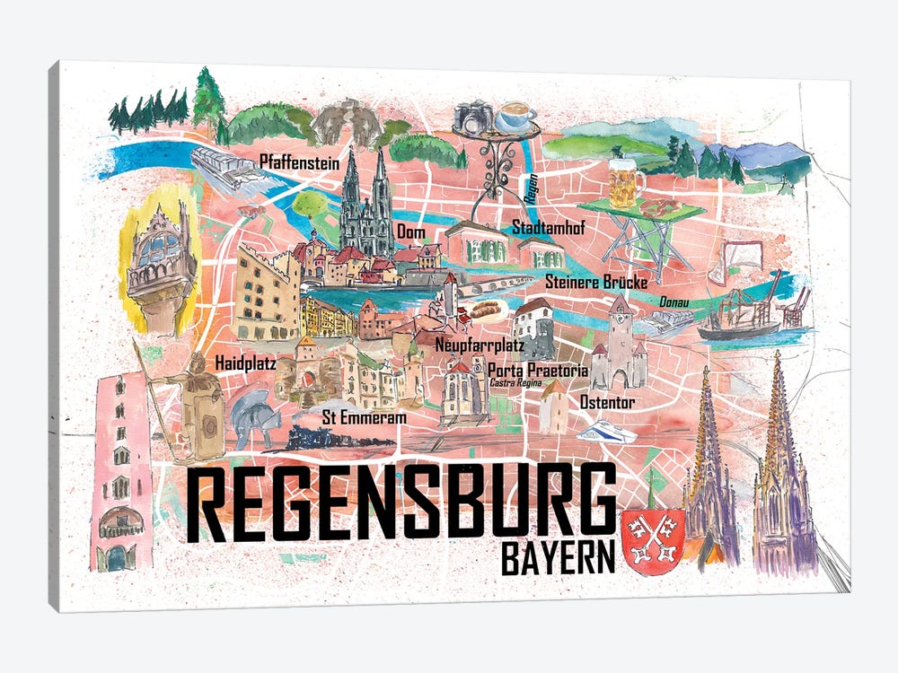 Regensburg Illustrated Favorite Map With Roads And Touristic Highlights by Markus & Martina Bleichner 1-piece Canvas Art Print