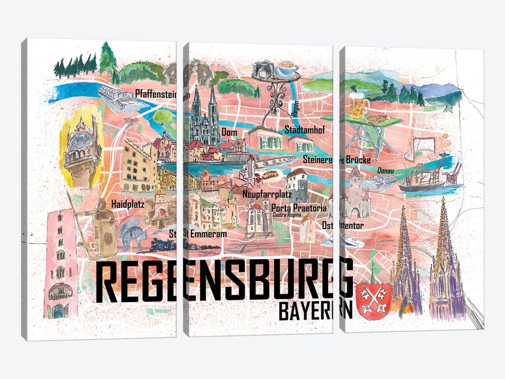 Regensburg Illustrated Favorite Map With Roads And Touristic Highlights by Markus & Martina Bleichner 3-piece Art Print