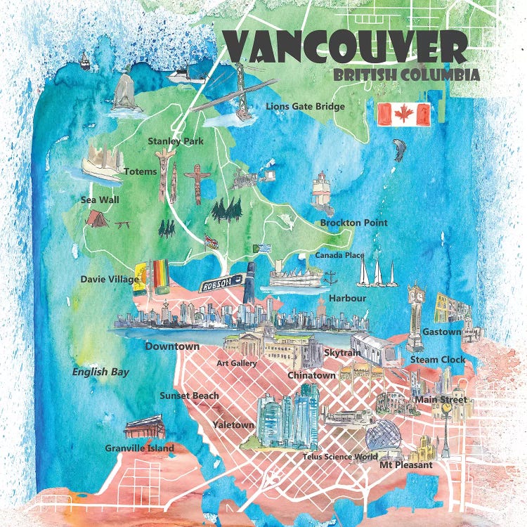 Vancouver British Columbia Canada Illustrated Map by Markus & Martina Bleichner wall art