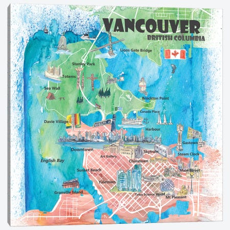 Vancouver British Columbia Canada Illustrated Map Canvas Print #MMB92} by Markus & Martina Bleichner Canvas Wall Art
