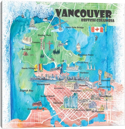 Vancouver British Columbia Canada Illustrated Map Canvas Art Print - Vancouver Art
