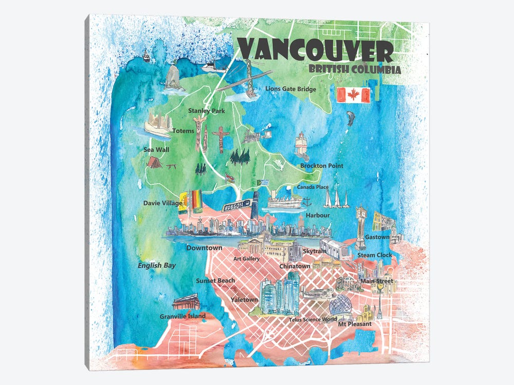 Vancouver British Columbia Canada Illustrated Map by Markus & Martina Bleichner 1-piece Canvas Artwork