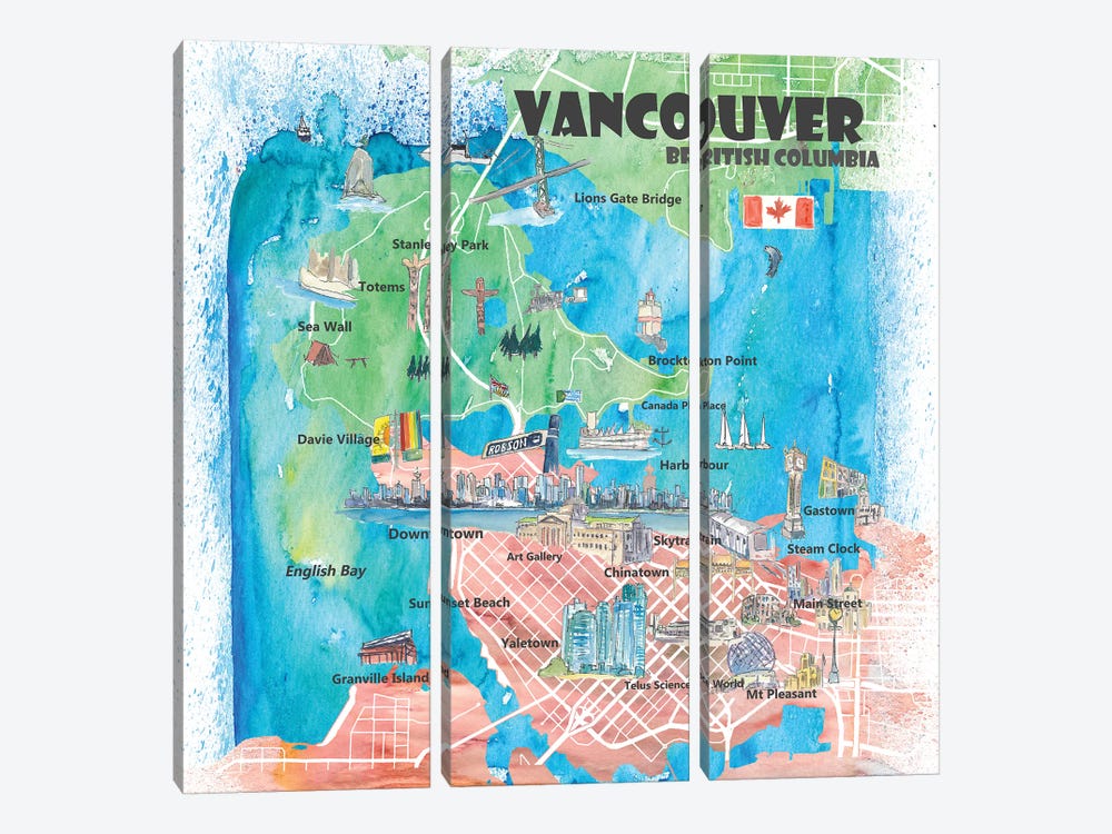 Vancouver British Columbia Canada Illustrated Map by Markus & Martina Bleichner 3-piece Canvas Art