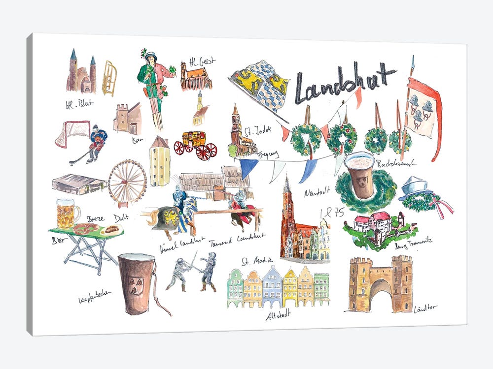 Landshut Bavaria Illustrated Favorite Travel Plans And Memo by Markus & Martina Bleichner 1-piece Canvas Wall Art