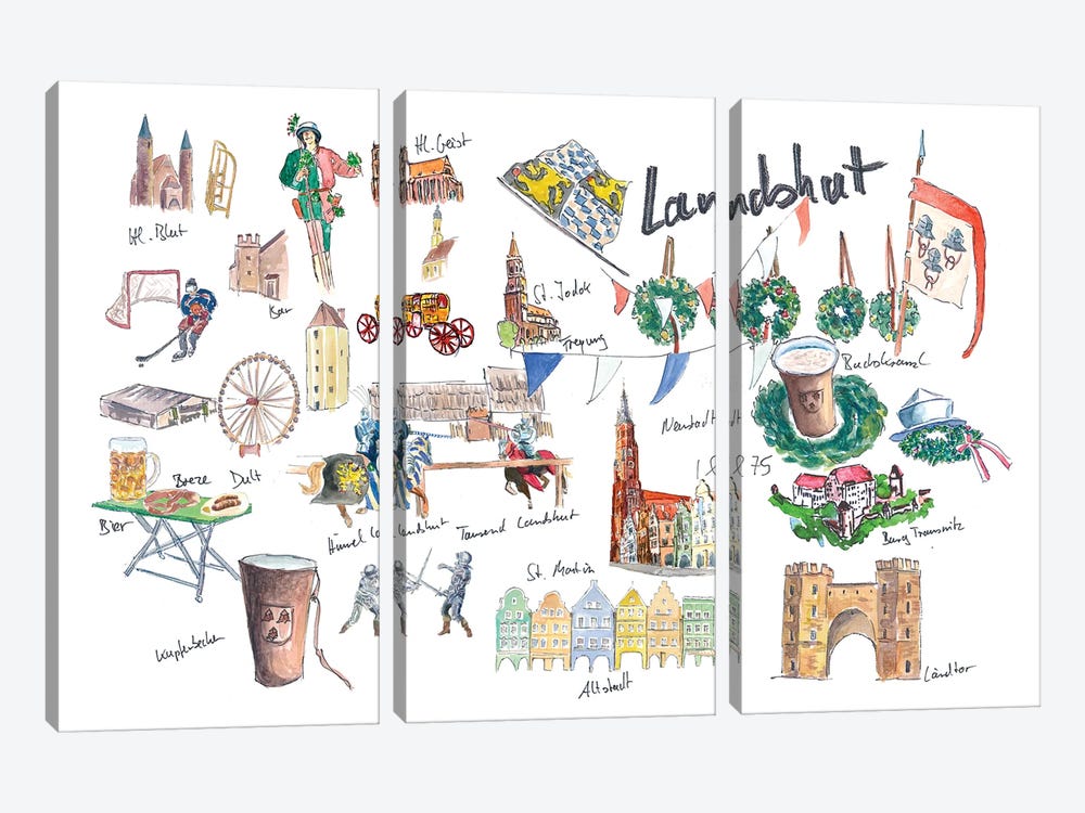 Landshut Bavaria Illustrated Favorite Travel Plans And Memo by Markus & Martina Bleichner 3-piece Canvas Wall Art