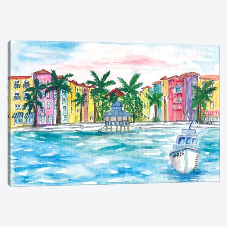 Naples Florida Amazing Waterfront Promenade With Boat Canvas Print #MMB931} by Markus & Martina Bleichner Art Print