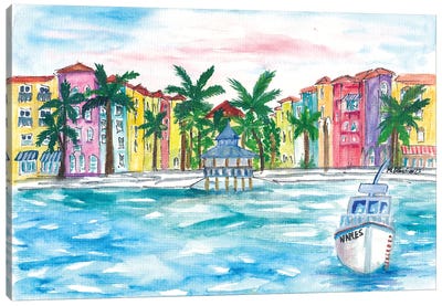 Naples Florida Amazing Waterfront Promenade With Boat Canvas Art Print - Coastal Village & Town Art