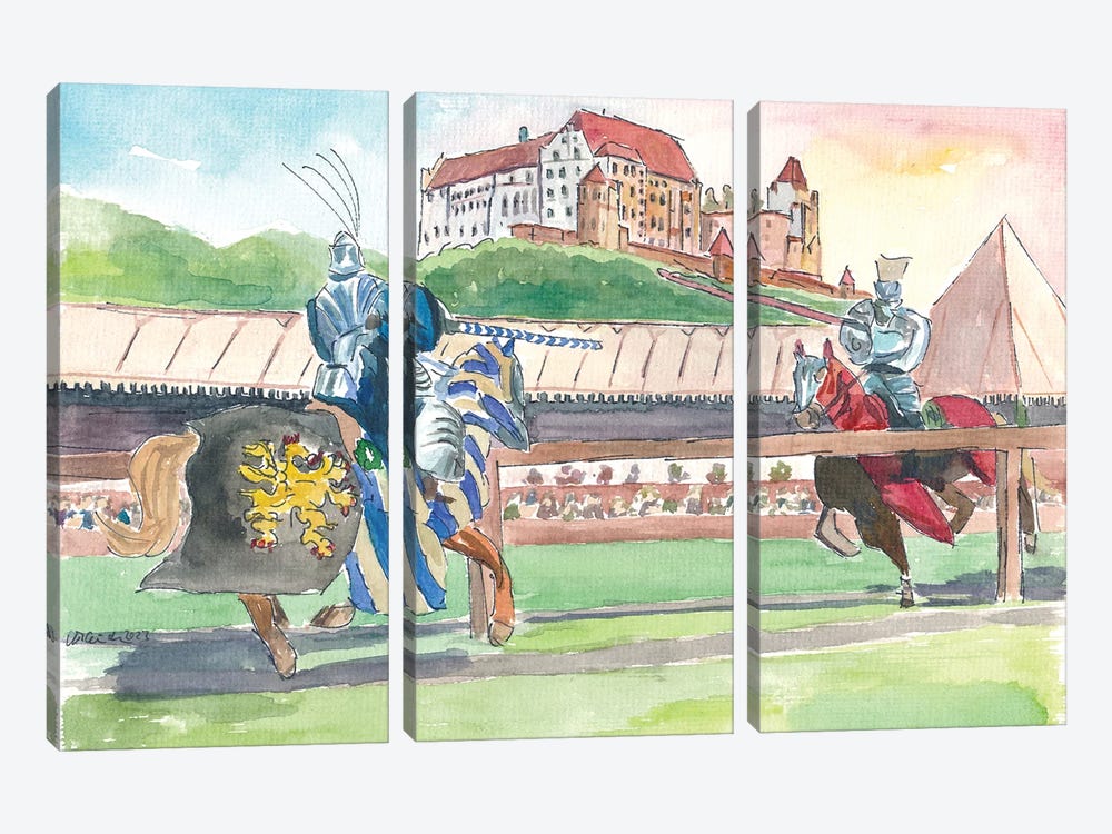 Landshut Knight Tournament In Front Of Historical Scenery With Trausnitz Castle by Markus & Martina Bleichner 3-piece Canvas Wall Art
