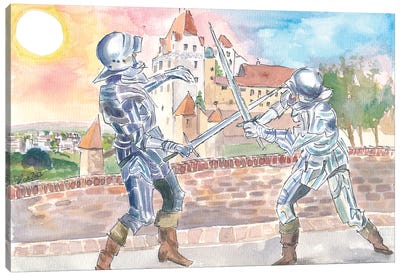 Landshut Knight Sword Fight With Medieval Trausnitz Castle At Sunset Canvas Art Print - Castle & Palace Art