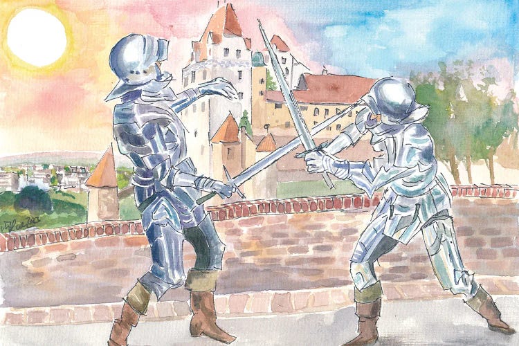 Landshut Knight Sword Fight With Medieval Trausnitz Castle At Sunset