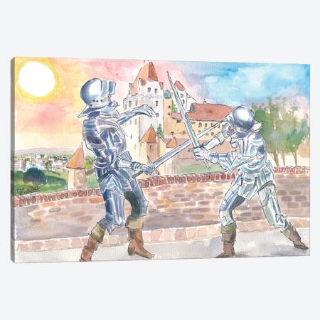 Landshut Knight Sword Fight With Medieval Trausnitz Castle At Sunset Canvas Print #MMB934} by Markus & Martina Bleichner Canvas Wall Art