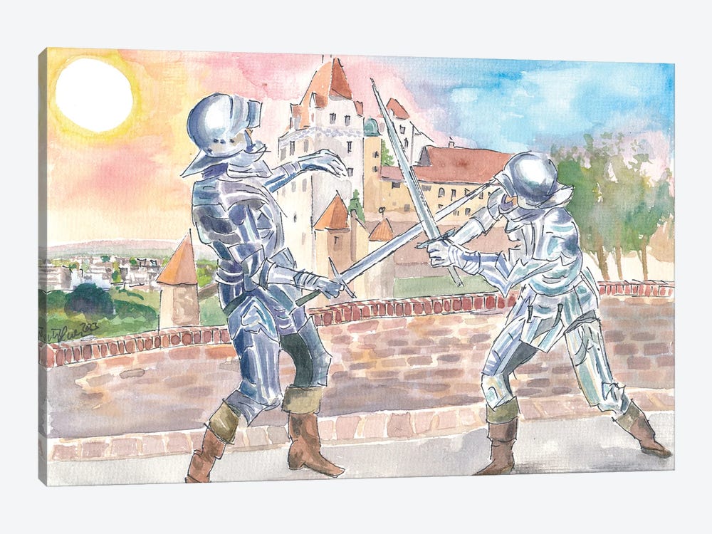 Landshut Knight Sword Fight With Medieval Trausnitz Castle At Sunset by Markus & Martina Bleichner 1-piece Canvas Art