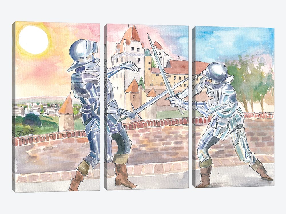 Landshut Knight Sword Fight With Medieval Trausnitz Castle At Sunset by Markus & Martina Bleichner 3-piece Canvas Wall Art