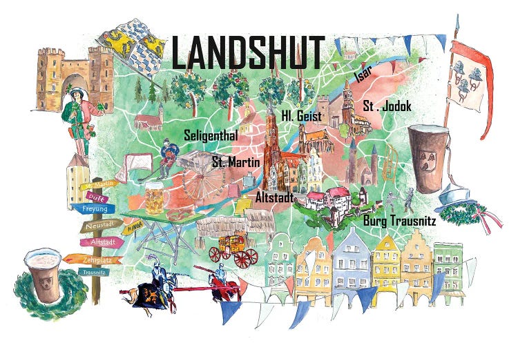 Landshut Illustrated Favorite Map With Roads And Touristic Highlights