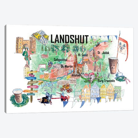 Landshut Illustrated Favorite Map With Roads And Touristic Highlights Canvas Print #MMB935} by Markus & Martina Bleichner Canvas Wall Art