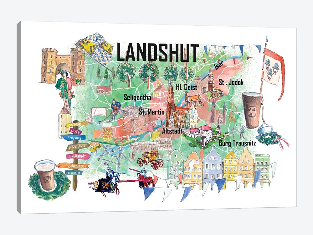 Landshut Illustrated Favorite Map With Roads And Touristic Highlights by Markus & Martina Bleichner 1-piece Art Print