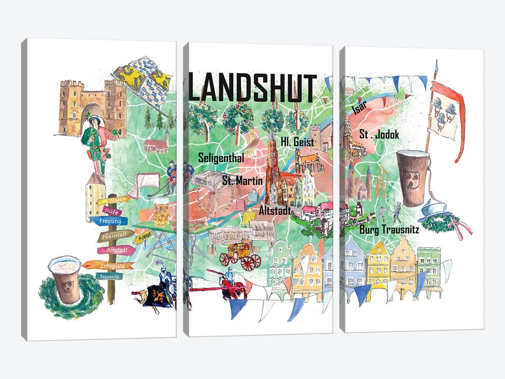 Landshut Illustrated Favorite Map With Roads And Touristic Highlights by Markus & Martina Bleichner 3-piece Canvas Art Print