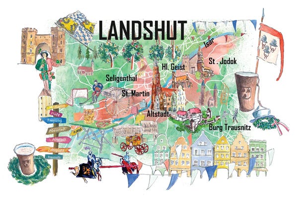 Markus & Martina Bleichner: Landshut Illustrated Favorite Map With Roads And Touristic Highlights by Markus & Martina Bleichner