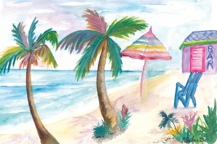 Bahamas Beach Bar With Rainbow Umbrella And Seaview