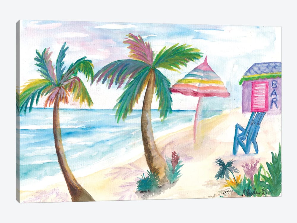 Bahamas Beach Bar With Rainbow Umbrella And Seaview by Markus & Martina Bleichner 1-piece Canvas Art