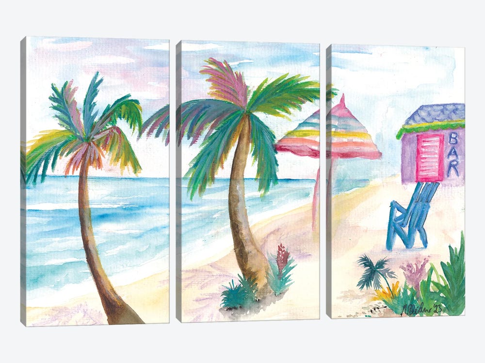 Bahamas Beach Bar With Rainbow Umbrella And Seaview by Markus & Martina Bleichner 3-piece Canvas Artwork