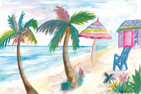 Bahamas Beach Bar With Rainbow Umbrella And Seaview