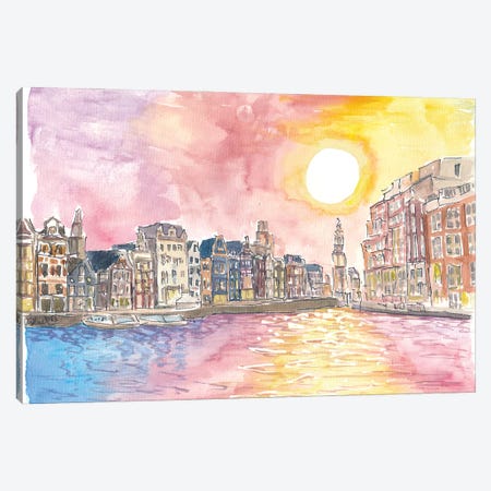 Amsterdam View Of Amstel And Munttoren At Sunset Canvas Print #MMB944} by Markus & Martina Bleichner Canvas Art Print