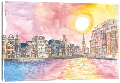 Amsterdam View Of Amstel And Munttoren At Sunset Canvas Art Print - Netherlands Art