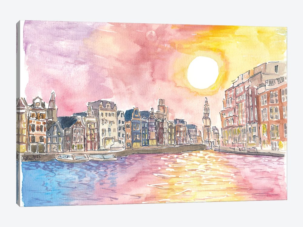 Amsterdam View Of Amstel And Munttoren At Sunset by Markus & Martina Bleichner 1-piece Canvas Art Print