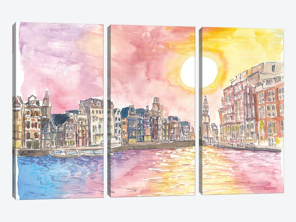 Amsterdam View Of Amstel And Munttoren At Sunset by Markus & Martina Bleichner 3-piece Canvas Print