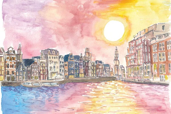 Markus & Martina Bleichner: Amsterdam View Of Amstel And Munttoren At Sunset by Markus & Martina Bleichner