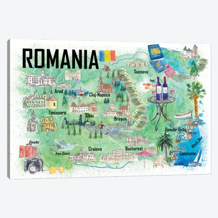 Romania Illustrated Travel Map With Roads And Tourist Highlights Canvas Print #MMB945} by Markus & Martina Bleichner Art Print