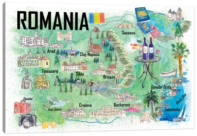 Romania Illustrated Travel Map With Roads And Tourist Highlights Canvas Art Print - Romania