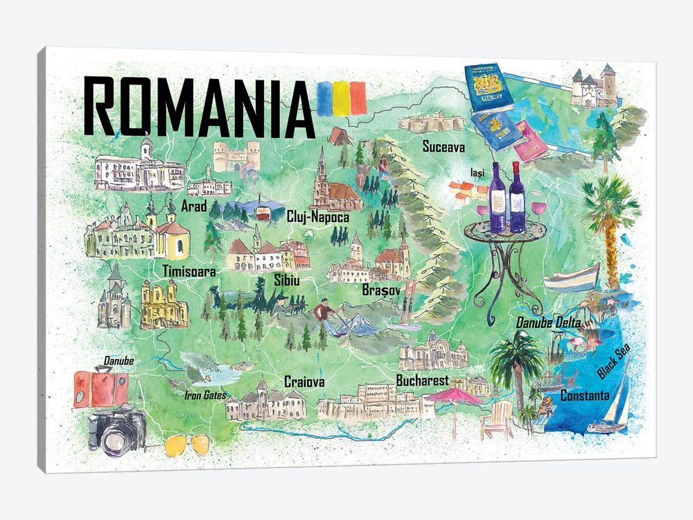 Romania Illustrated Travel Map With Roads And Tourist Highlights by Markus & Martina Bleichner 1-piece Canvas Wall Art