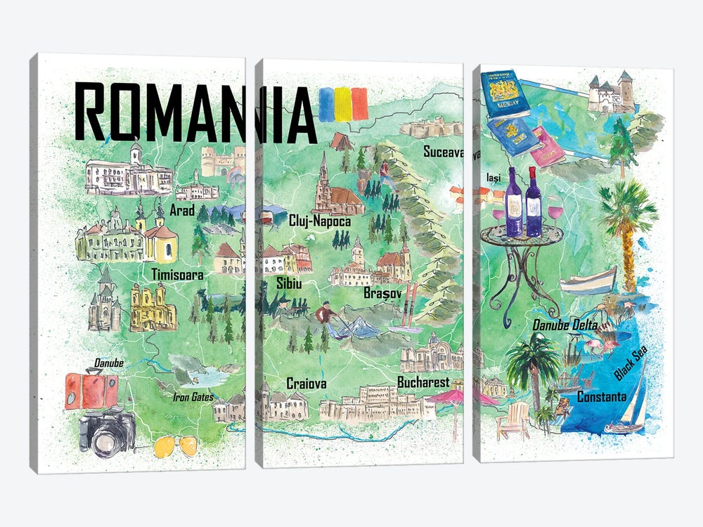 Romania Illustrated Travel Map With Roads And Tourist Highlights by Markus & Martina Bleichner 3-piece Canvas Wall Art