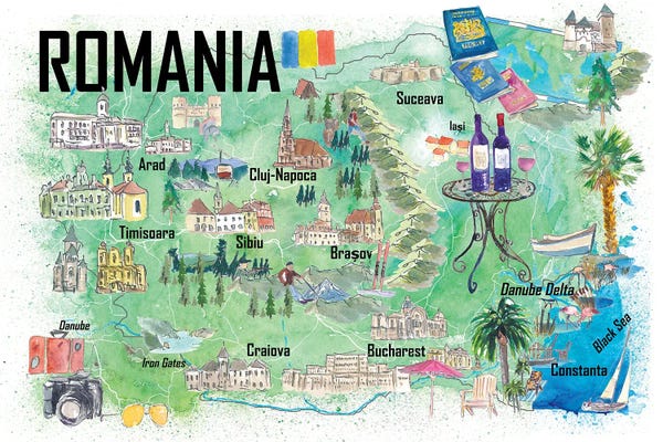 Markus & Martina Bleichner: Romania Illustrated Travel Map With Roads And Tourist Highlights by Markus & Martina Bleichner