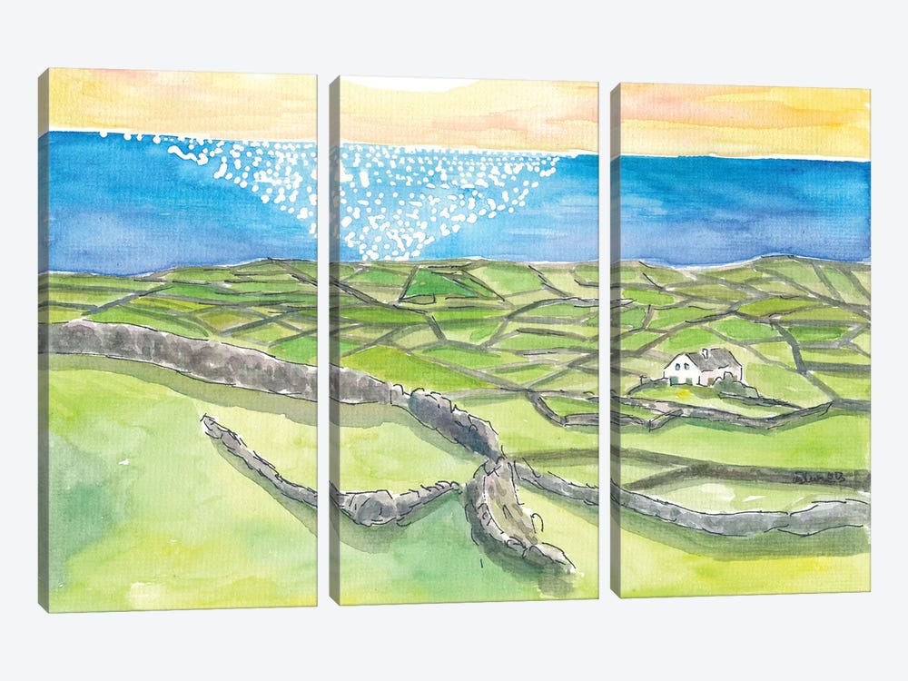 Irish Lonely Cottage With Green Meadows And The Endless Sea by Markus & Martina Bleichner 3-piece Art Print