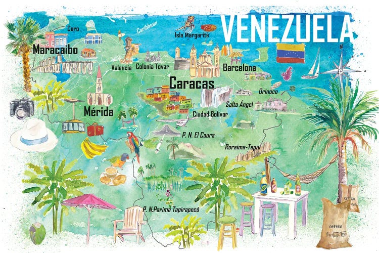 Venezuela Illustrated Travel Map With Tourist Highlights by Markus & Martina Bleichner wall art