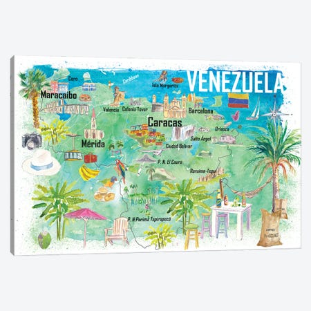 Venezuela Illustrated Travel Map With Tourist Highlights Canvas Print #MMB947} by Markus & Martina Bleichner Canvas Art Print
