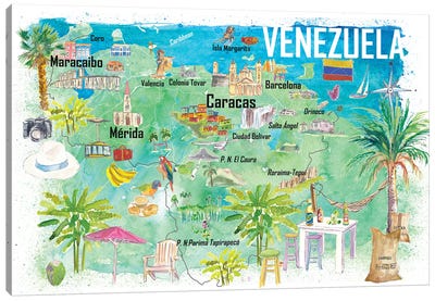 Venezuela Illustrated Travel Map With Tourist Highlights Canvas Art Print - Venezuela