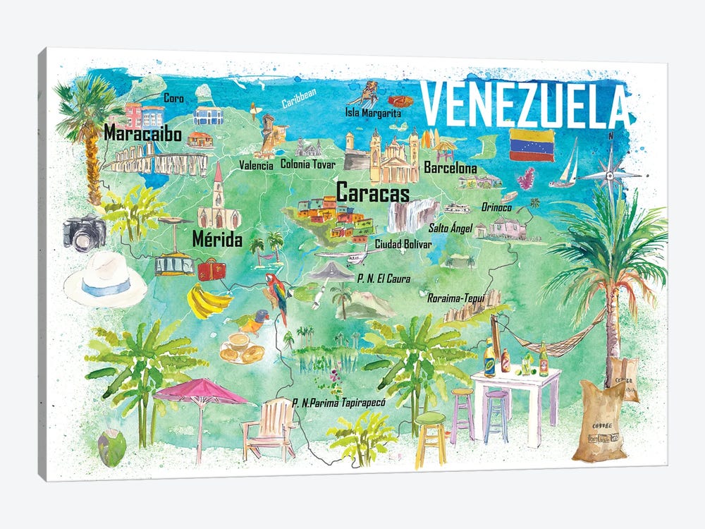Venezuela Illustrated Travel Map With Tourist Highlights by Markus & Martina Bleichner 1-piece Canvas Artwork