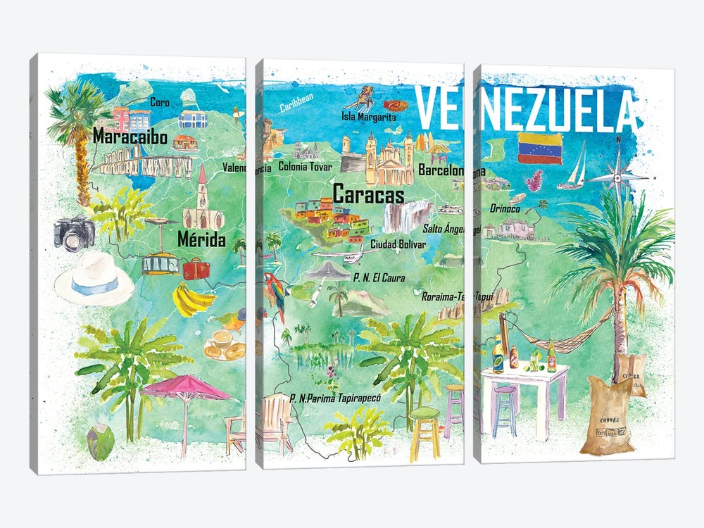 Venezuela Illustrated Travel Map With Tourist Highlights by Markus & Martina Bleichner 3-piece Canvas Wall Art