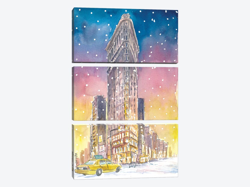 Winter In New York City Romantic Snow Fall And Flatiron Manhattan Dreams by Markus & Martina Bleichner 3-piece Canvas Wall Art