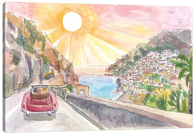 Driving Amalfi Coast With View Of Positano - Road Trip Of Love On Amalfitana Canvas Art Print - Campania Art