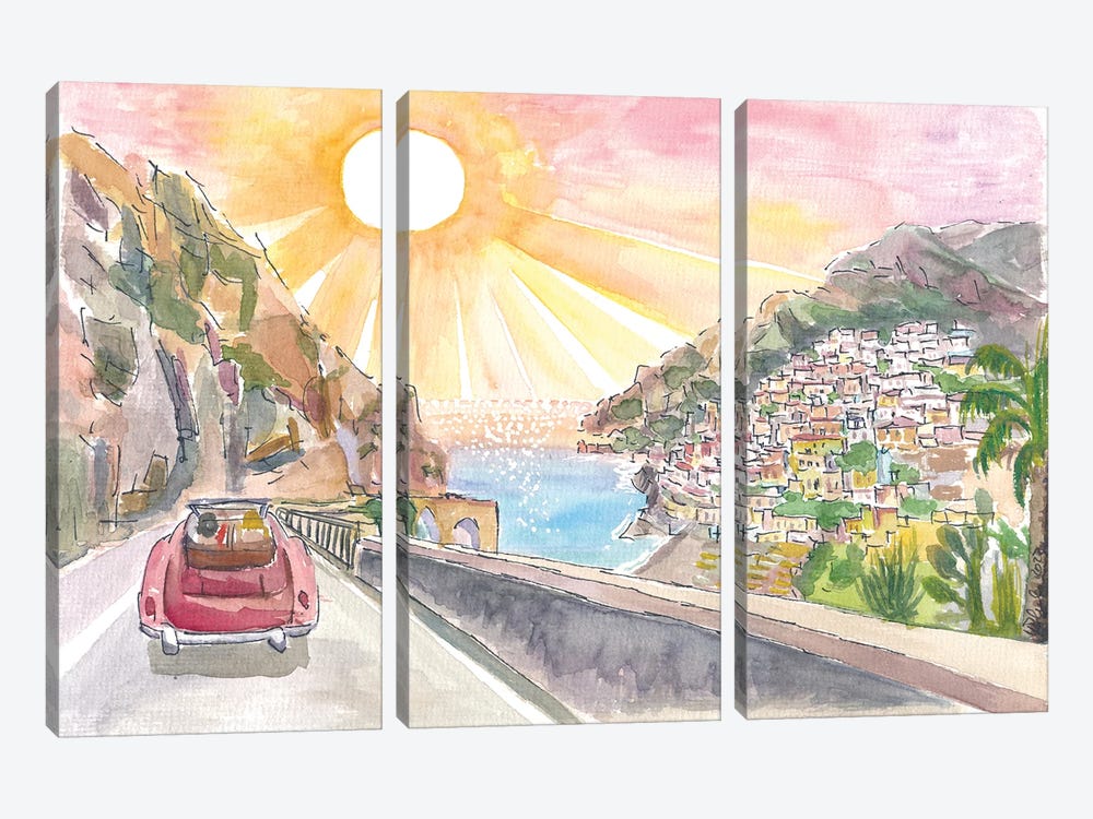 Driving Amalfi Coast With View Of Positano - Road Trip Of Love On Amalfitana by Markus & Martina Bleichner 3-piece Canvas Wall Art