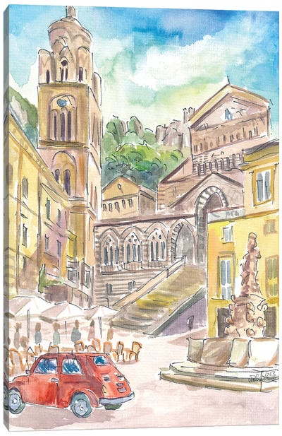 Piazza Duomo In Amalfi Driving In Red Car The Gulf Of Salerno Coast Canvas Art Print - Campania Art