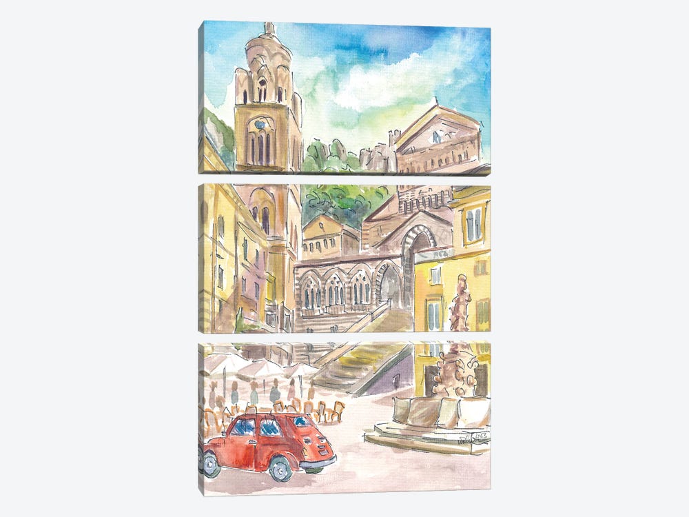 Piazza Duomo In Amalfi Driving In Red Car The Gulf Of Salerno Coast by Markus & Martina Bleichner 3-piece Canvas Art