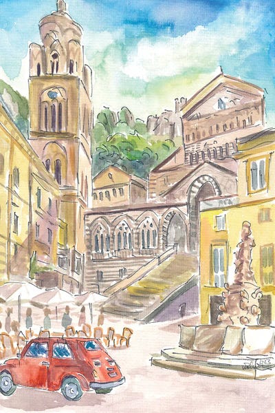Markus & Martina Bleichner: Piazza Duomo In Amalfi Driving In Red Car The Gulf Of Salerno Coast by Markus & Martina Bleichner